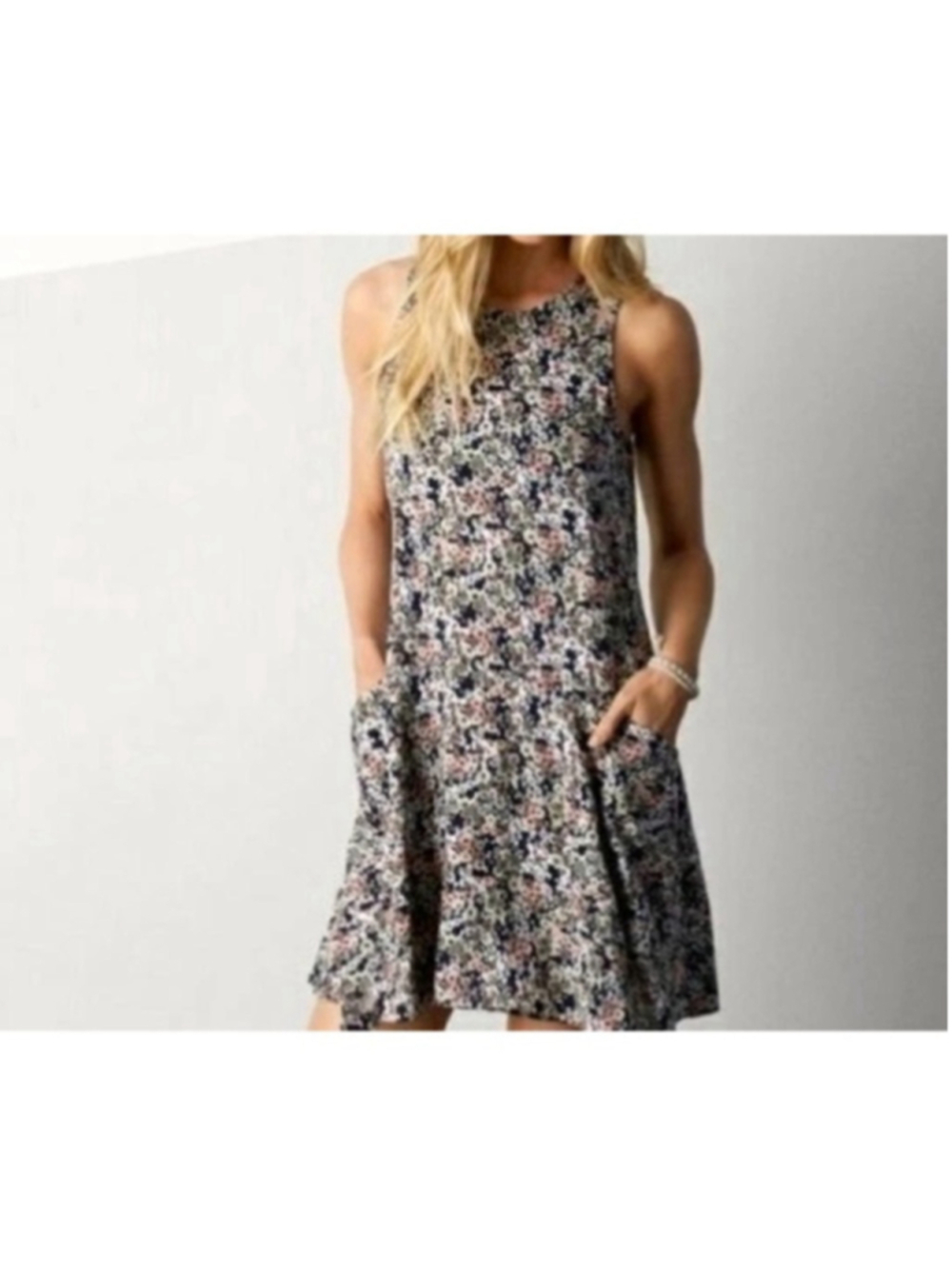 American Eagle drop waist mini dress floral pockets cottage core boho sz lg